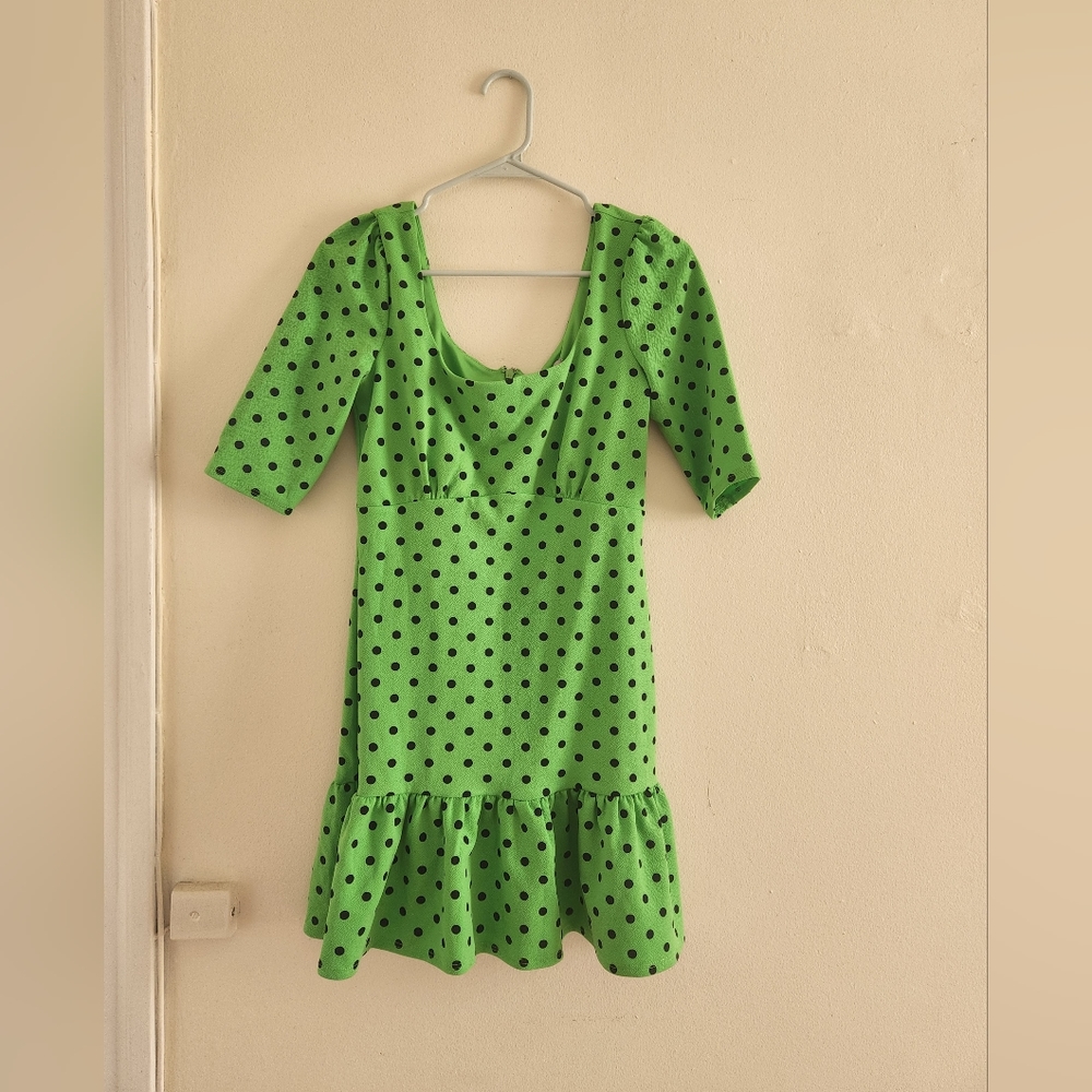 Green Summer Dress with Blue Polka Dots